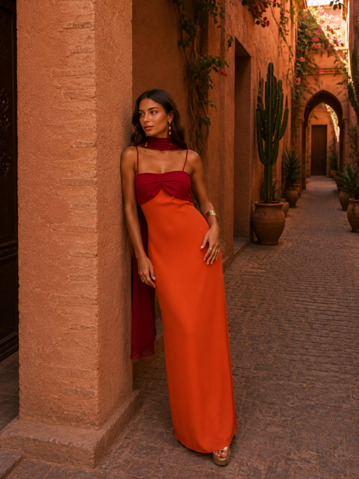 Vestito lungo drappeggiato bicolore