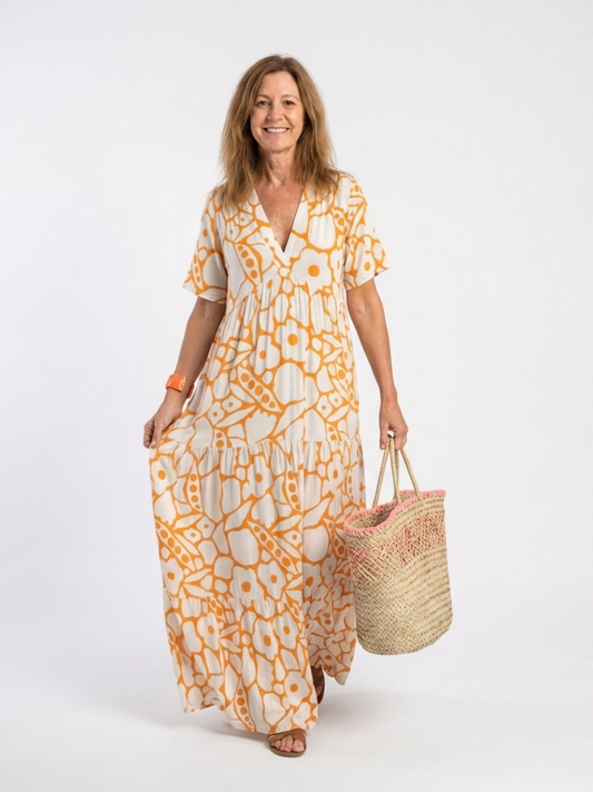 Zuleika | Abito Midi a Fiori con Scollo a V e Maniche Corte