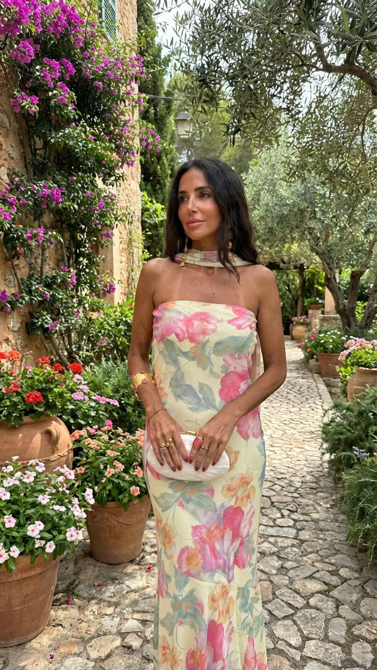 Vestito lungo senza spalline con stampa floreale acquerello
