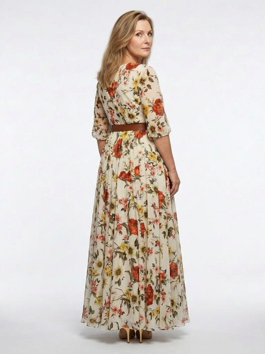 Odelia | Abito Maxi con Scollo Rotondo, Maniche a Tre Quarti e Cintura