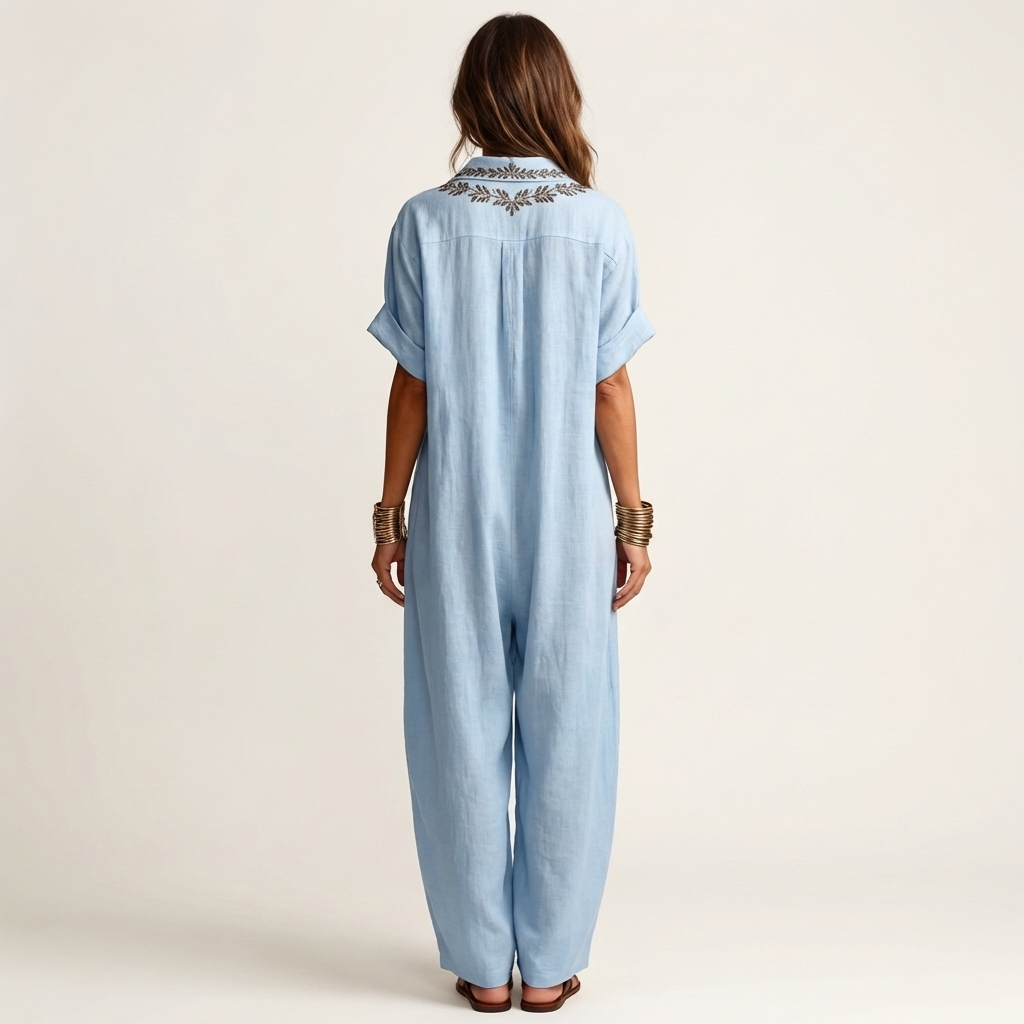 Amarina | Vestito lungo in lino ricamato con scollo a V