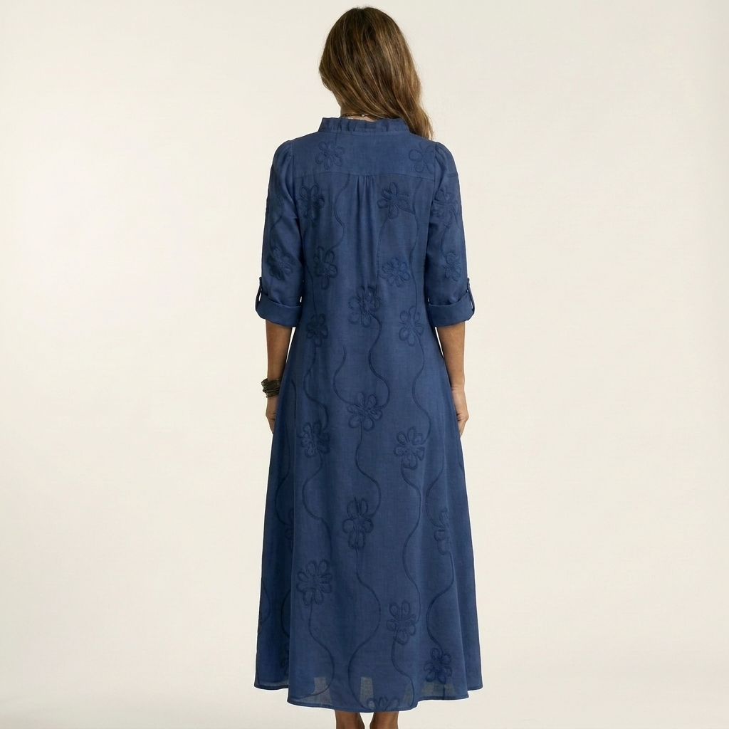 Mariam | Vestito lungo in cotone-lino con ricamo floreale tono su tono