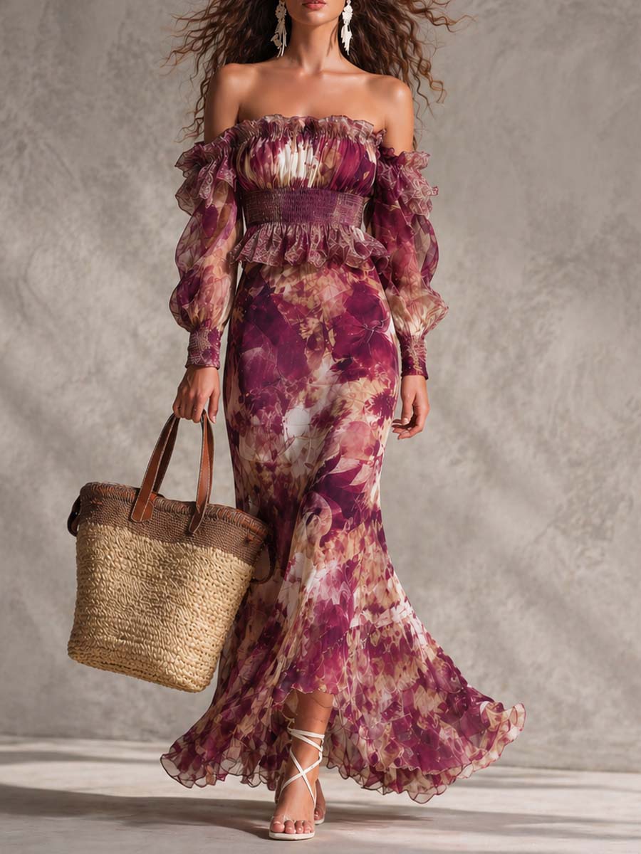 Abito Maxi in Chiffon Rosa Pink con Spalle Scoperte