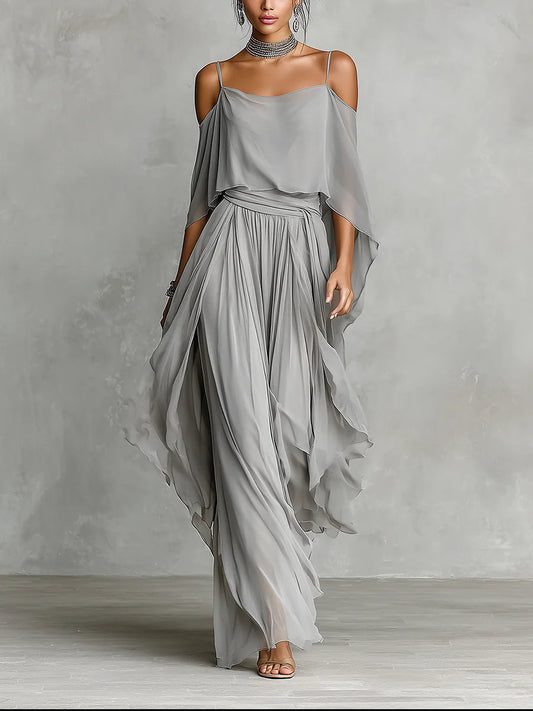 Set in chiffon grigio con canotta fluida e pantaloni a spalle scoperte