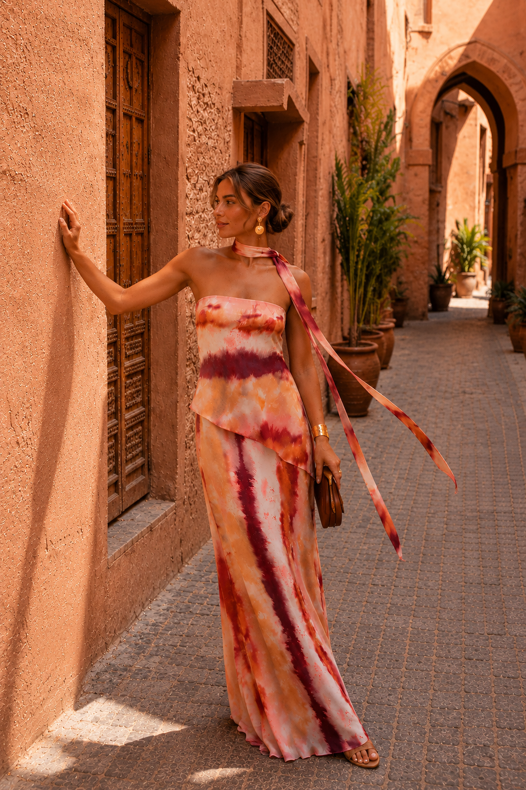 Vestito lungo stampato con scollo senza spalline