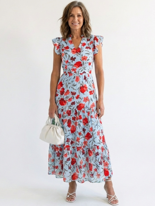 Lila | Abito Midi a Fiori con Scollo a V e Balze