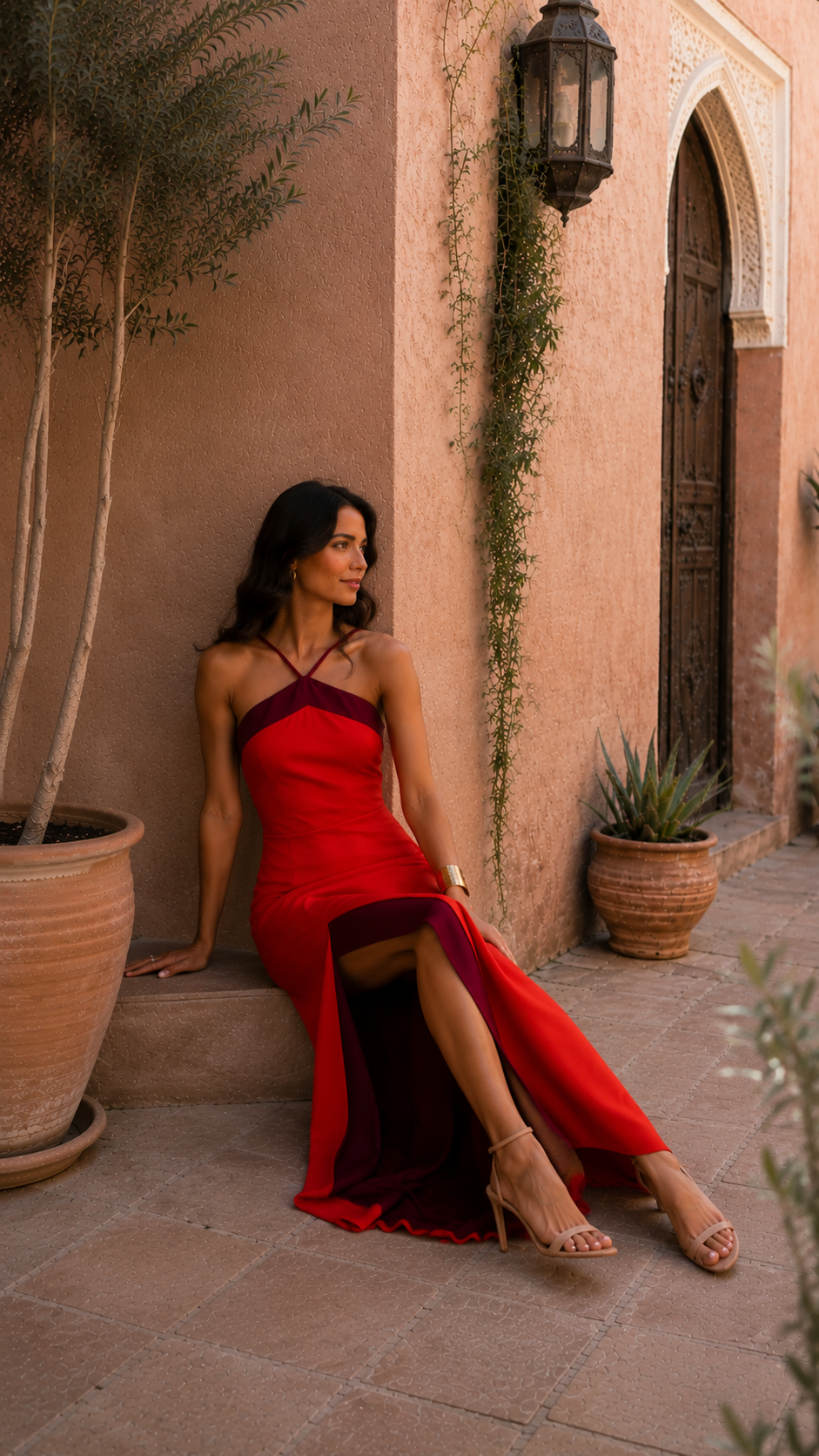 Vestito lungo con scollo a halter e apertura