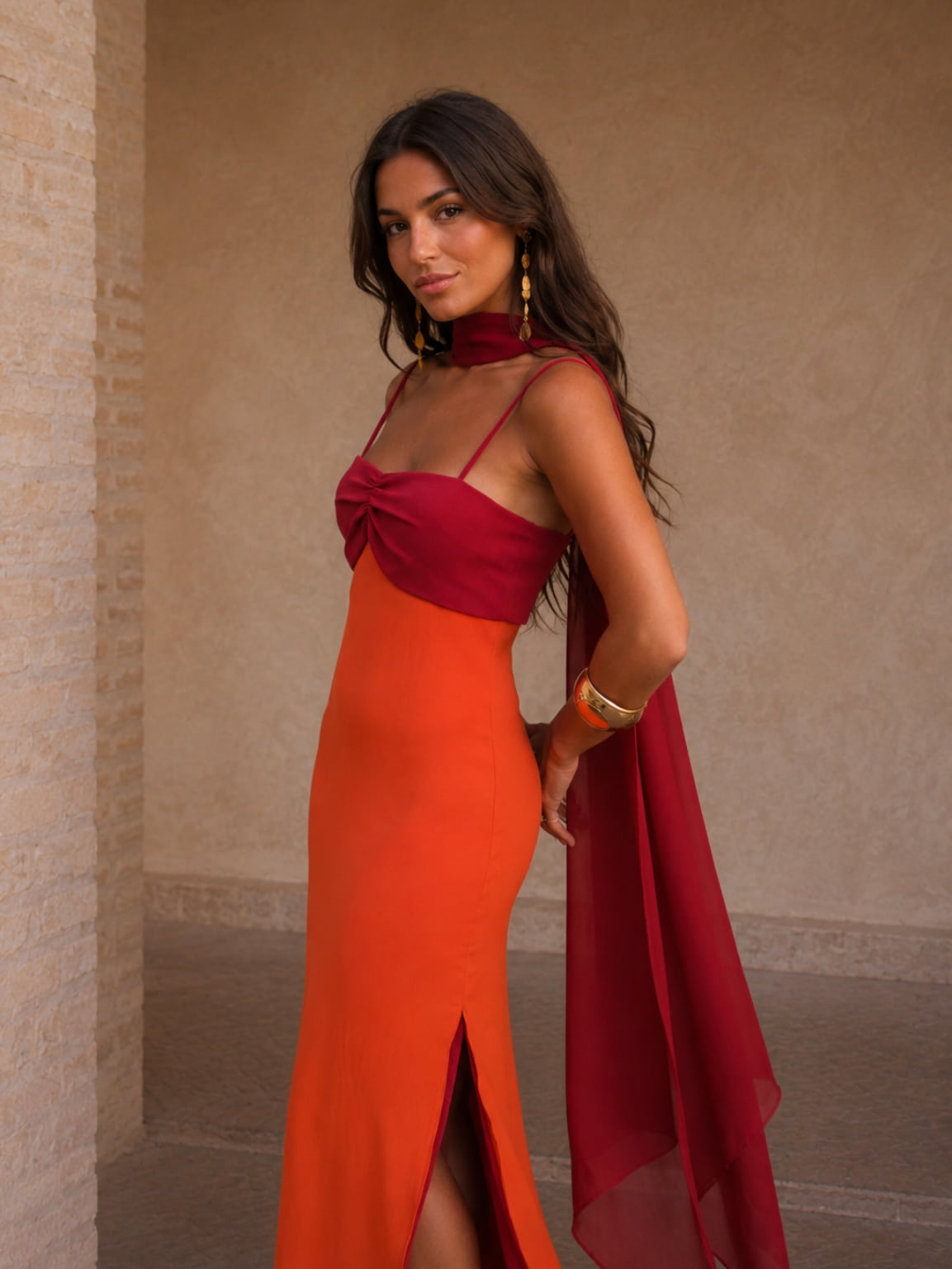 Vestito lungo drappeggiato bicolore