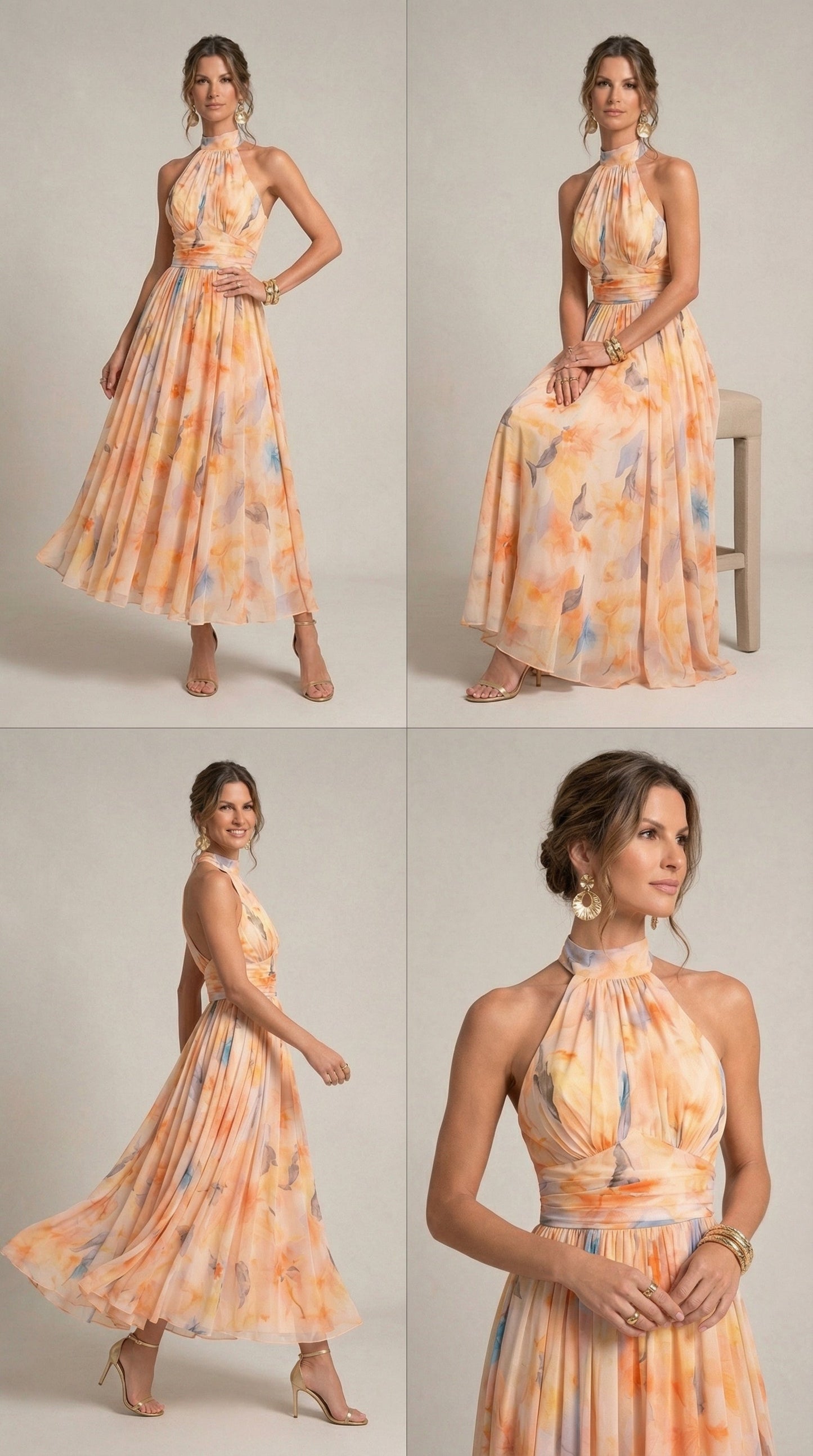 Vestito con scollo a halterneck e stampa ad acquerello