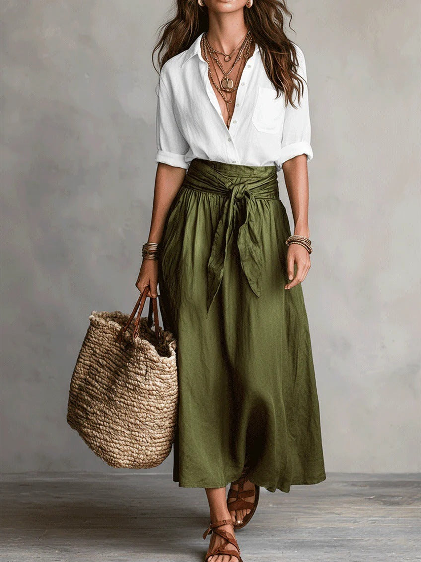 SAGE | Set due pezzi: top nero e gonna midi verde oliva