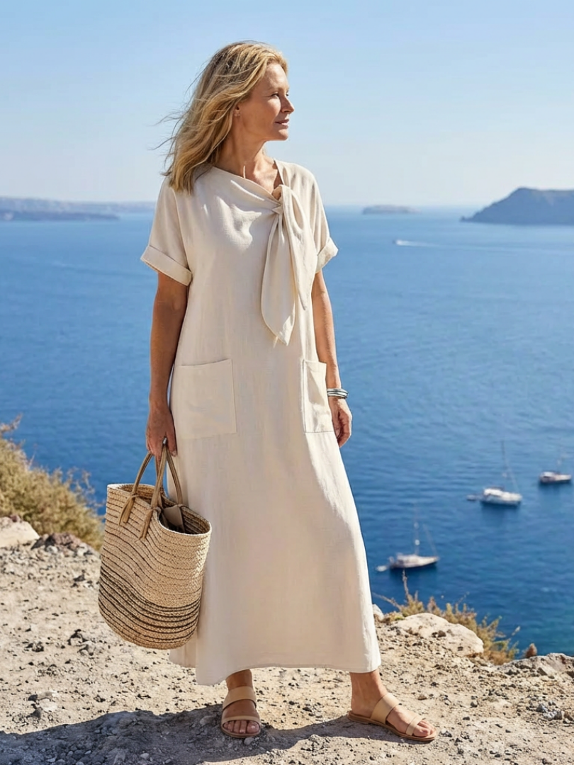 Abito Maxi con Scollo Tondo, Maniche Corte e Tasche