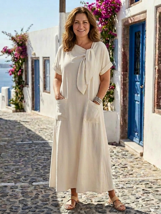 Abito Maxi con Scollo Tondo, Maniche Corte e Tasche