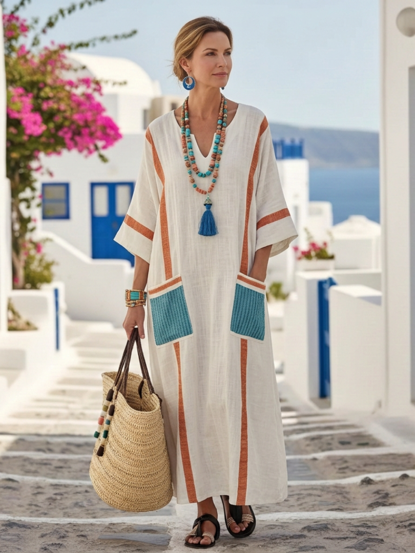 Abito Maxi con Scollo a V, Maniche a 3/4 e Tasche