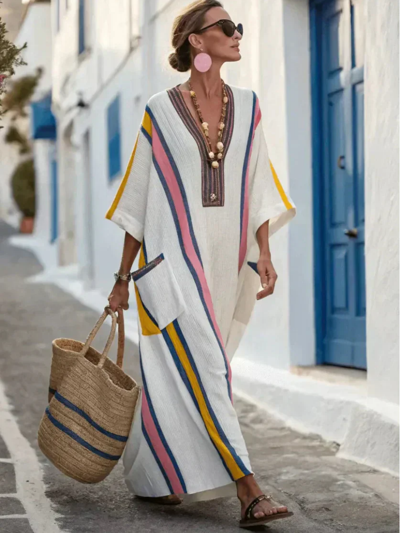 Abito Maxi con Scollo a V, Maniche a 3/4 e Tasche