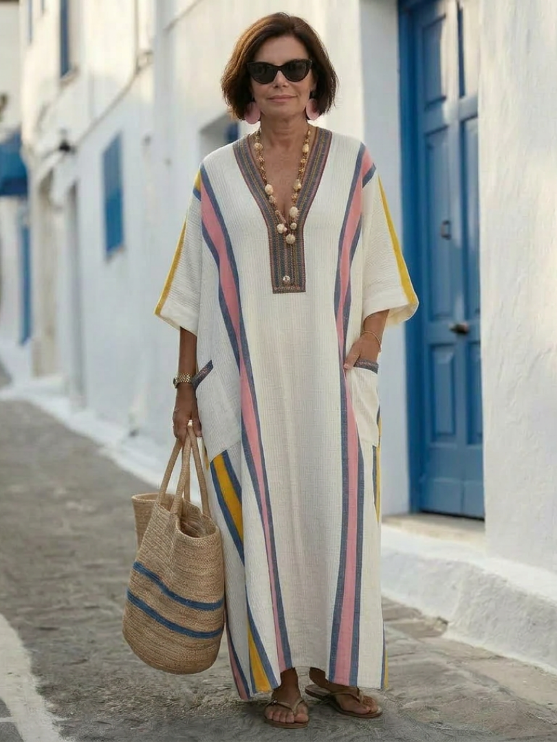Abito Maxi con Scollo a V, Maniche a 3/4 e Tasche