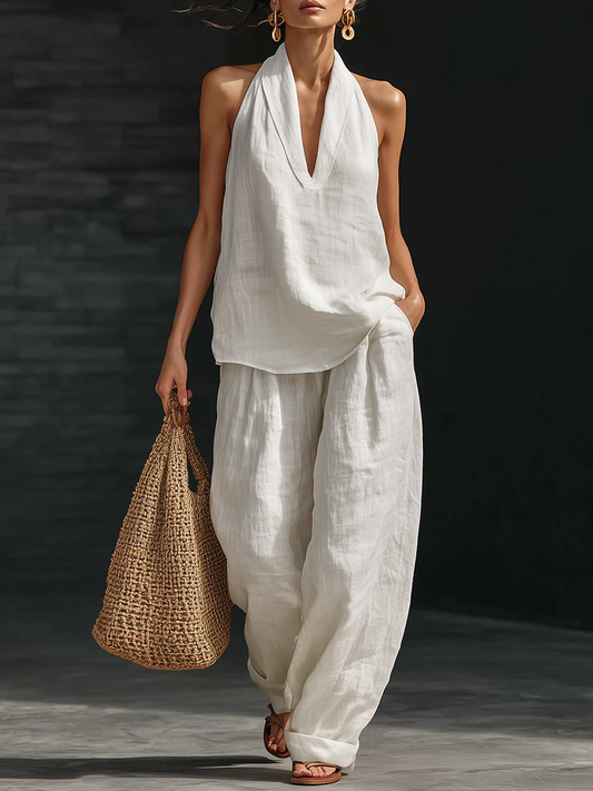 Carlotta – Completo elegante senza maniche con pantaloni a palazzo