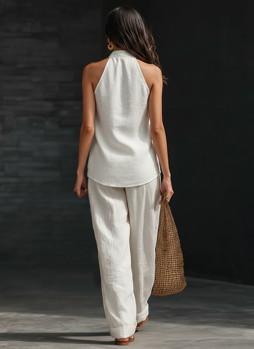 Carlotta – Completo elegante senza maniche con pantaloni a palazzo