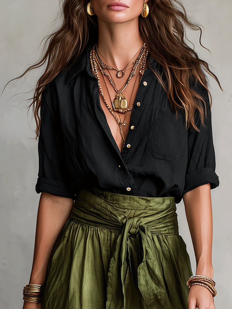 SAGE | Set due pezzi: top nero e gonna midi verde oliva