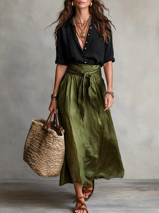 SAGE | Set due pezzi: top nero e gonna midi verde oliva