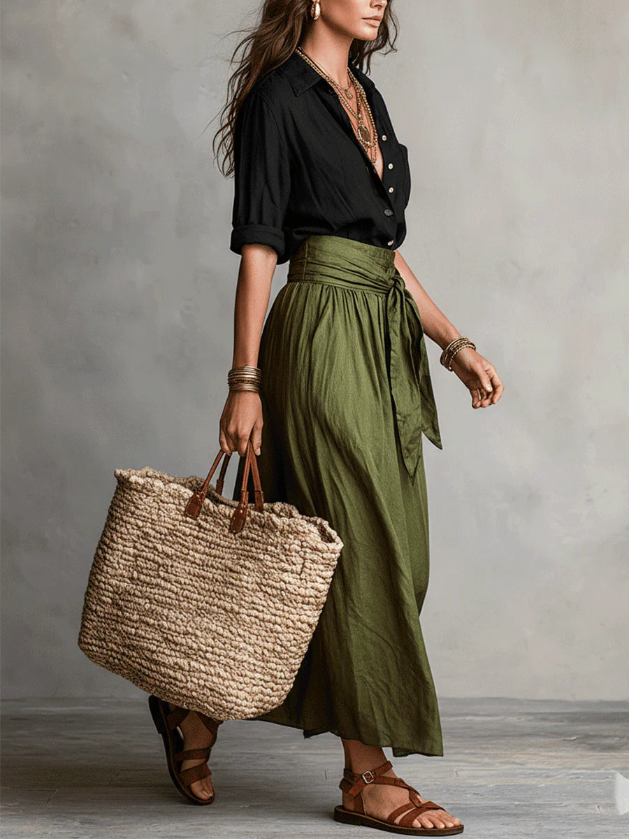 SAGE | Set due pezzi: top nero e gonna midi verde oliva