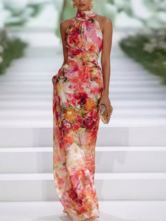 Abito Maxi Senza Maniche in Chiffon Rosso con Scollo a Halter
