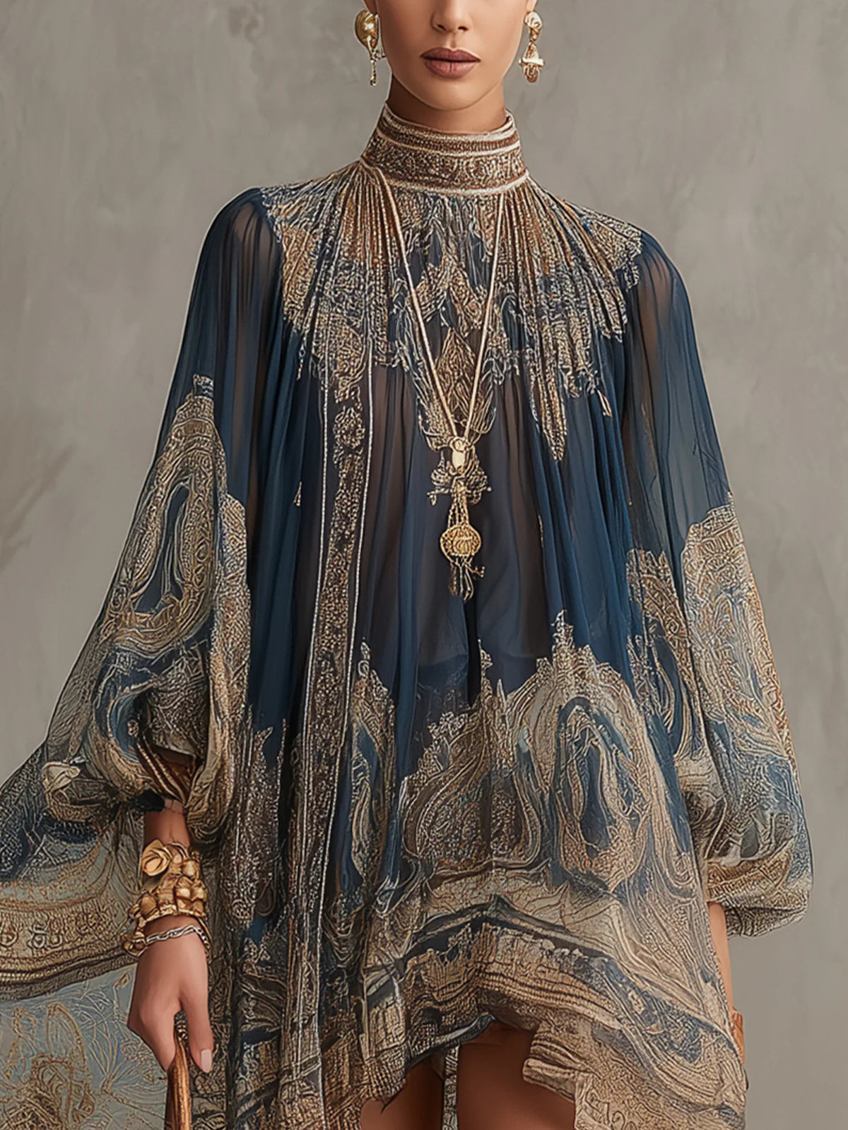 Abito Mini in Chiffon Irregolare a Collo Alto con Stampa Barocca Blu Navy