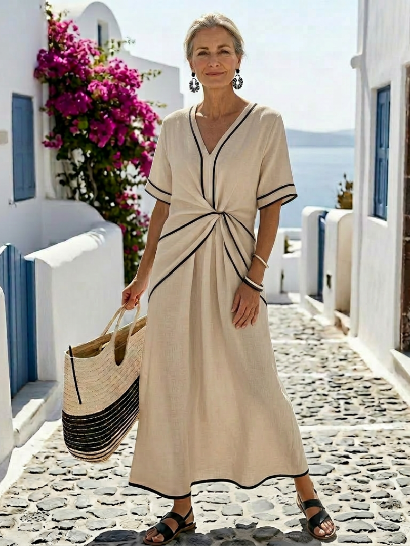 Abito Midi con Scollo a V, Maniche Corte e Vita Arricciata
