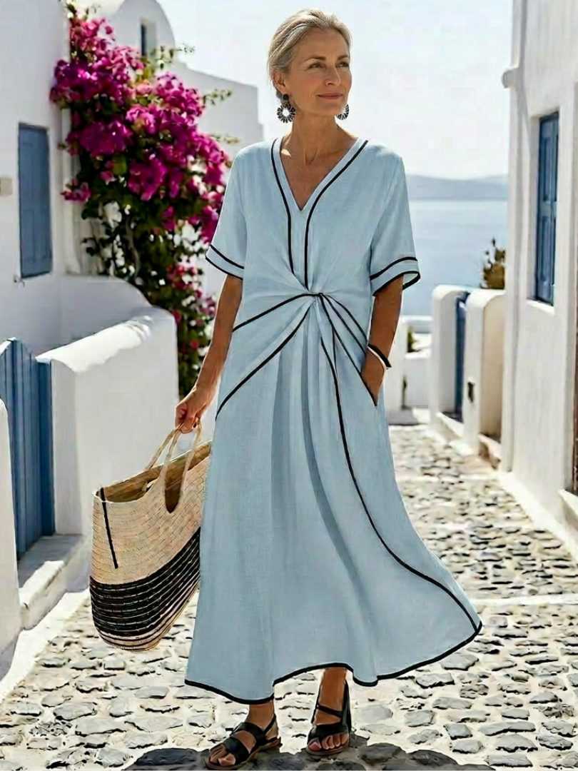 Abito Midi con Scollo a V, Maniche Corte e Vita Arricciata