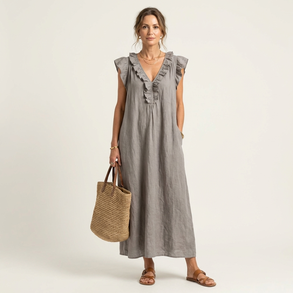 Josette | Vestito lungo in lino con scollo a V e volant