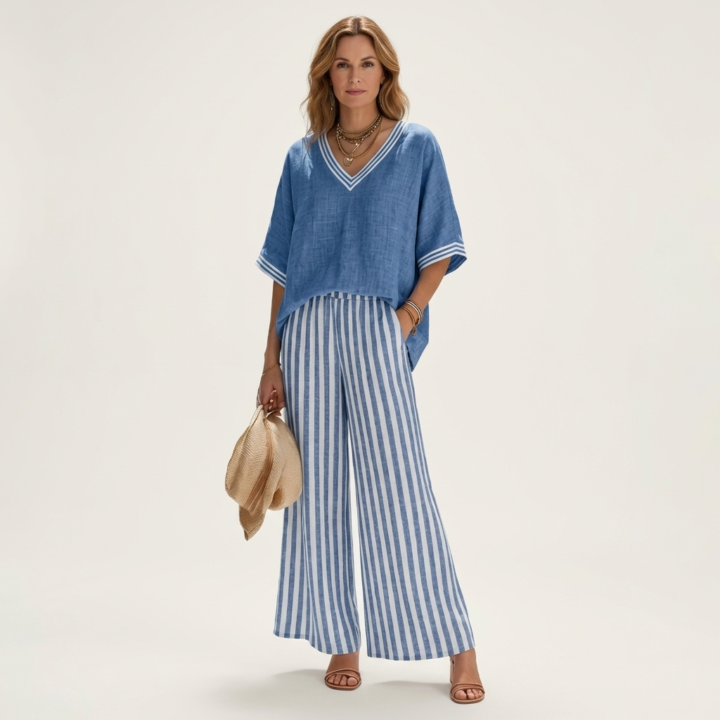 Juliana | Top con scollo a V in stile varsity e completo con pantaloni a palazzo a righe