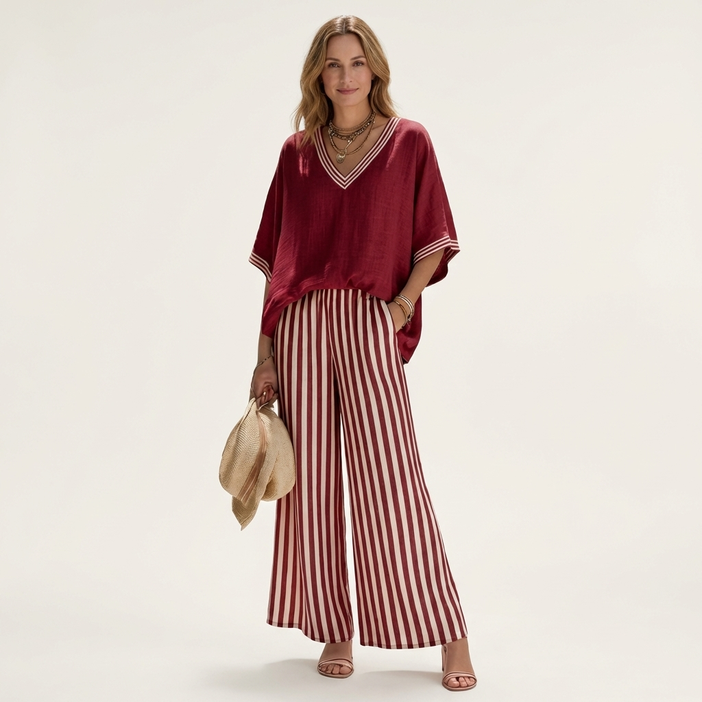 Juliana | Top con scollo a V in stile varsity e completo con pantaloni a palazzo a righe