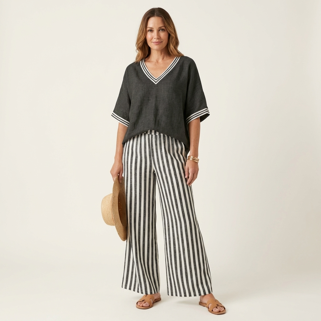 Juliana | Top con scollo a V in stile varsity e completo con pantaloni a palazzo a righe