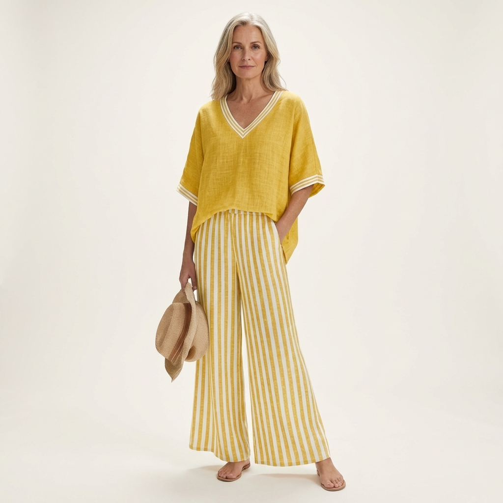 Juliana | Top con scollo a V in stile varsity e completo con pantaloni a palazzo a righe