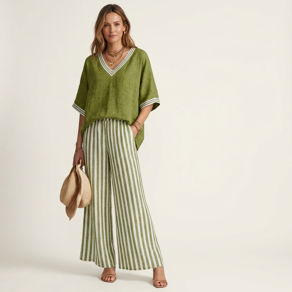 Juliana | Top con scollo a V in stile varsity e completo con pantaloni a palazzo a righe