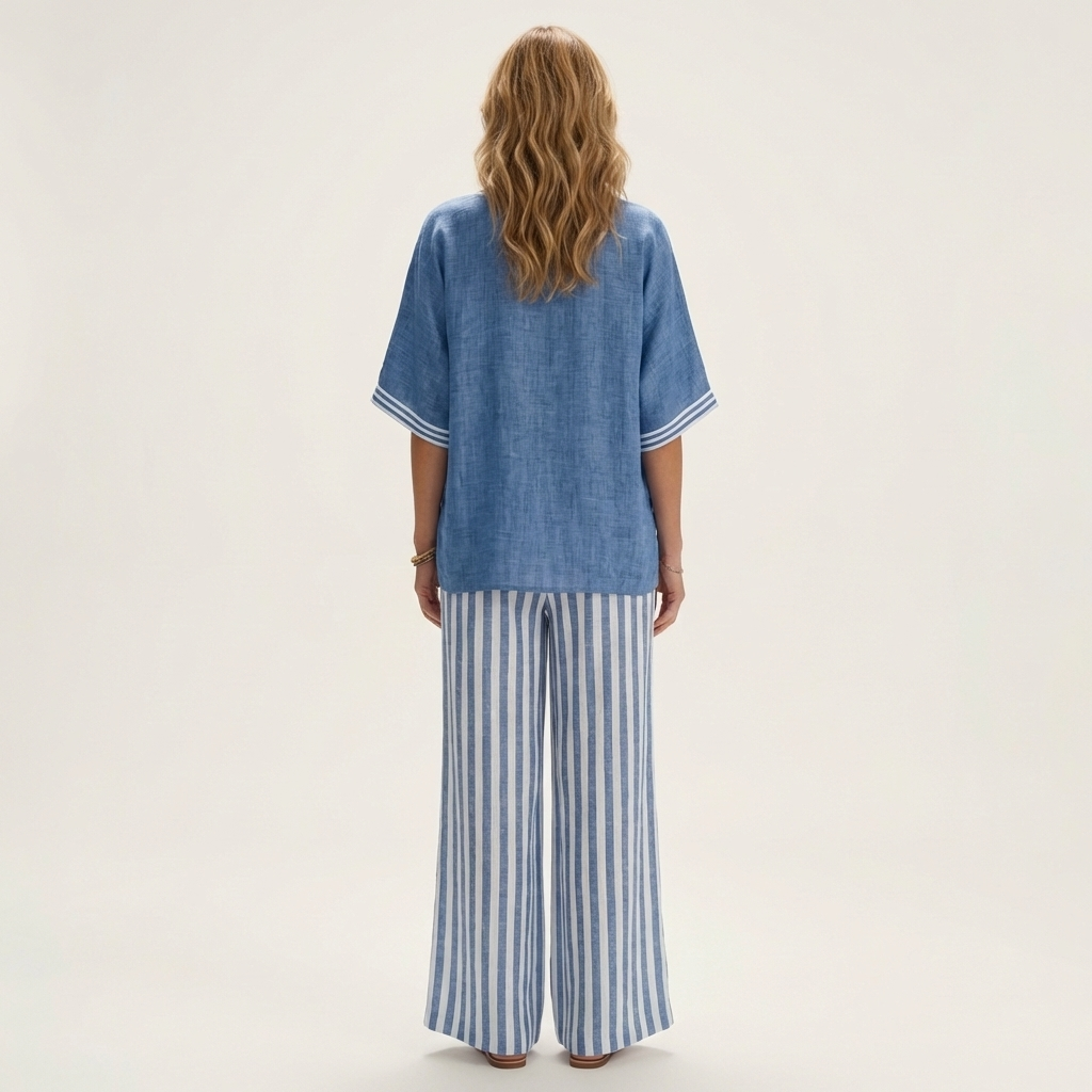 Juliana | Top con scollo a V in stile varsity e completo con pantaloni a palazzo a righe