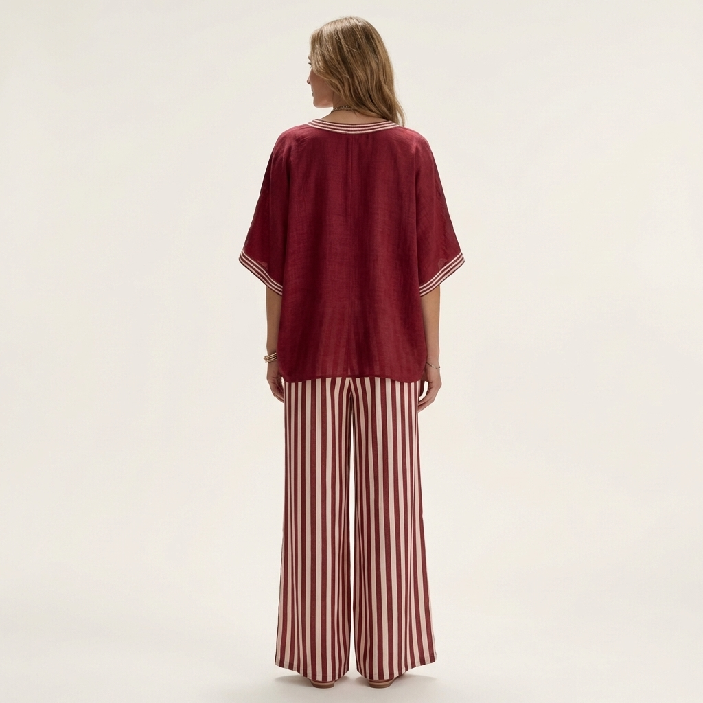 Juliana | Top con scollo a V in stile varsity e completo con pantaloni a palazzo a righe