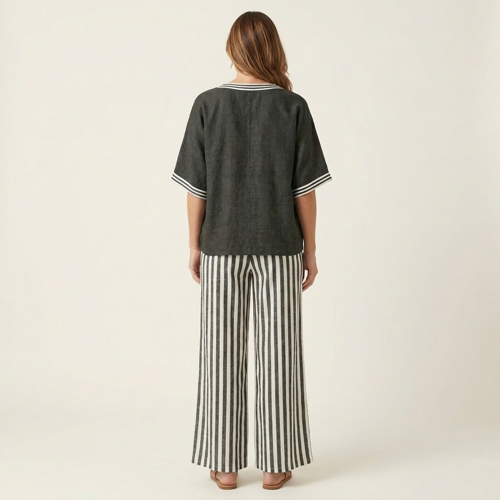Juliana | Top con scollo a V in stile varsity e completo con pantaloni a palazzo a righe