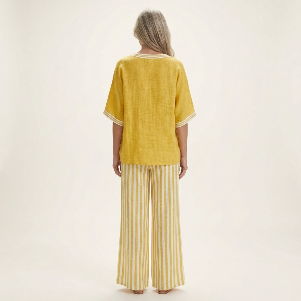 Juliana | Top con scollo a V in stile varsity e completo con pantaloni a palazzo a righe