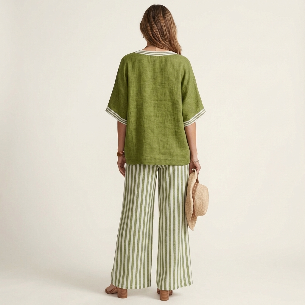 Juliana | Top con scollo a V in stile varsity e completo con pantaloni a palazzo a righe
