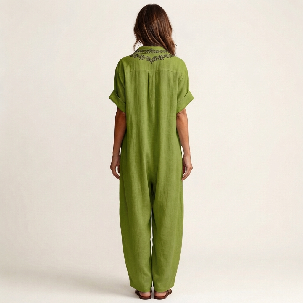 Amarina | Vestito lungo in lino ricamato con scollo a V