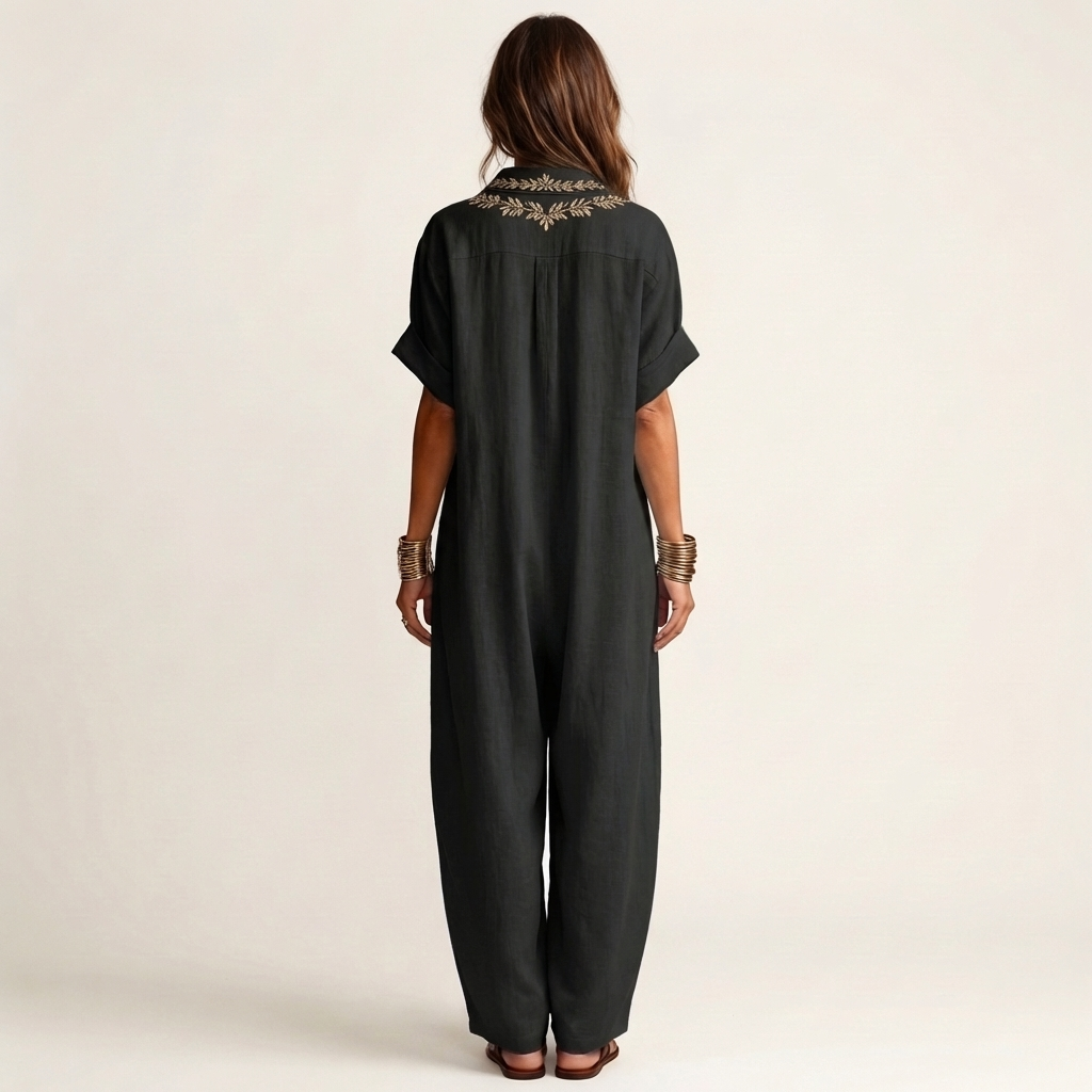Amarina | Vestito lungo in lino ricamato con scollo a V