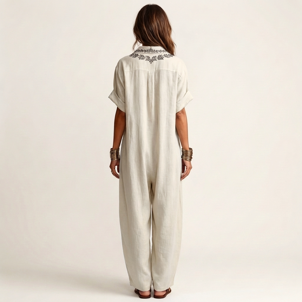 Amarina | Vestito lungo in lino ricamato con scollo a V