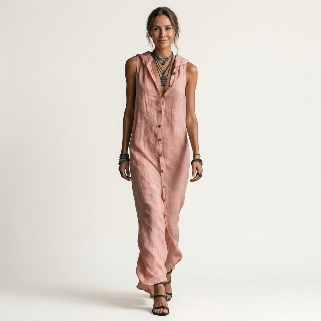 Mirabell | Vestito maxi in lino senza maniche con cappuccio e bottoni frontali