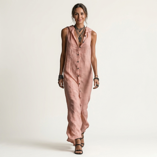 Mirabell | Vestito maxi in lino senza maniche con cappuccio e bottoni frontali