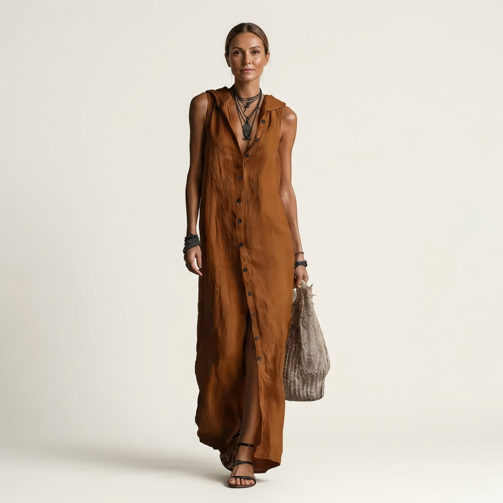 Mirabell | Vestito maxi in lino senza maniche con cappuccio e bottoni frontali