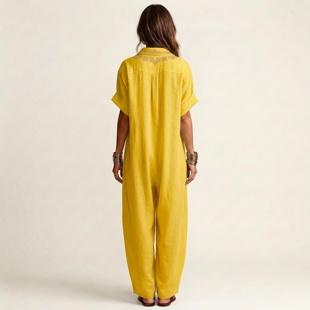 Amarina | Vestito lungo in lino ricamato con scollo a V
