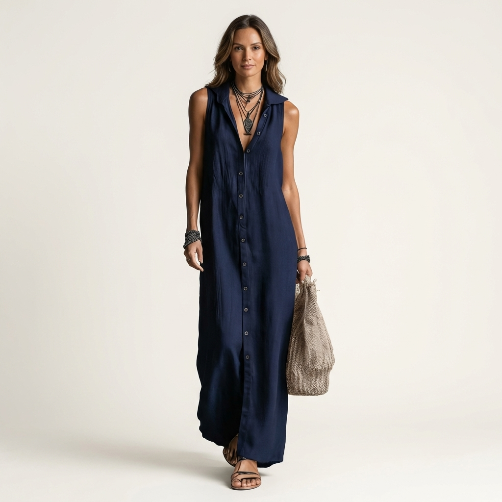 Mirabell | Vestito maxi in lino senza maniche con cappuccio e bottoni frontali