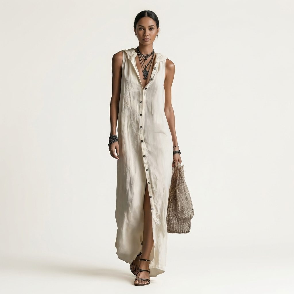 Mirabell | Vestito maxi in lino senza maniche con cappuccio e bottoni frontali