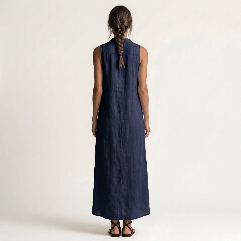 Mirabell | Vestito maxi in lino senza maniche con cappuccio e bottoni frontali