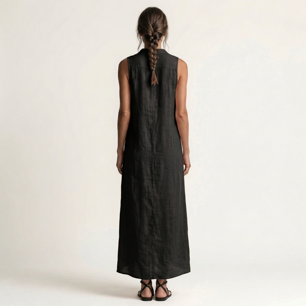 Mirabell | Vestito maxi in lino senza maniche con cappuccio e bottoni frontali